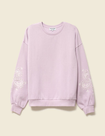 Sweat droit court col rond en coton parme femme
