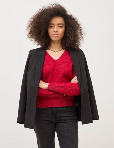 Pull droit col v manches longues rouge femme