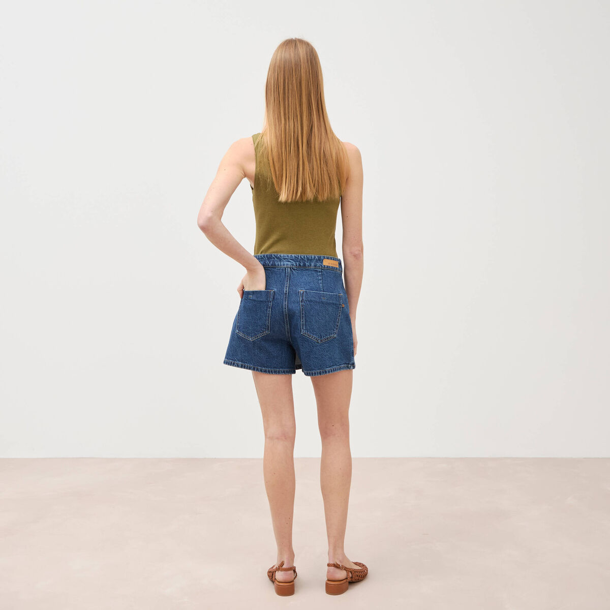 Jupe-short taille haute en jeans denim stone femme