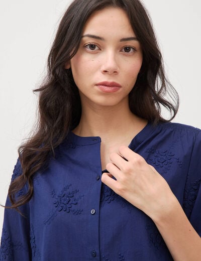 Chemise en coton manches 3/4 bleu marine femme