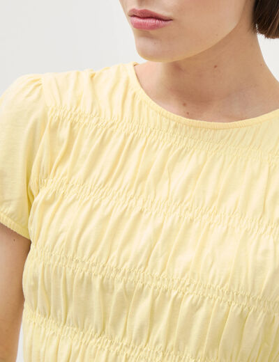 T-shirt fronc&eacute; col rond manches courtes jaune pastel femme