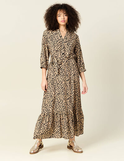 Robe longue droite manches 3/4 marron clair femme