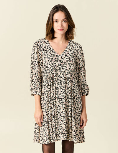 Robe évasée manches 3/4 noir femme