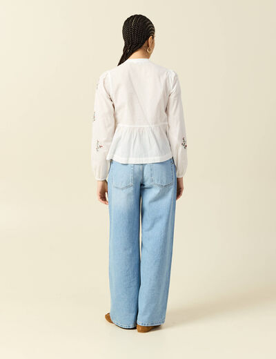 Chemise brod&eacute;e en coton manches longues ecru femme