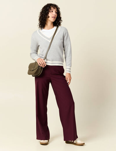 Pantalon large taille haute prune femme