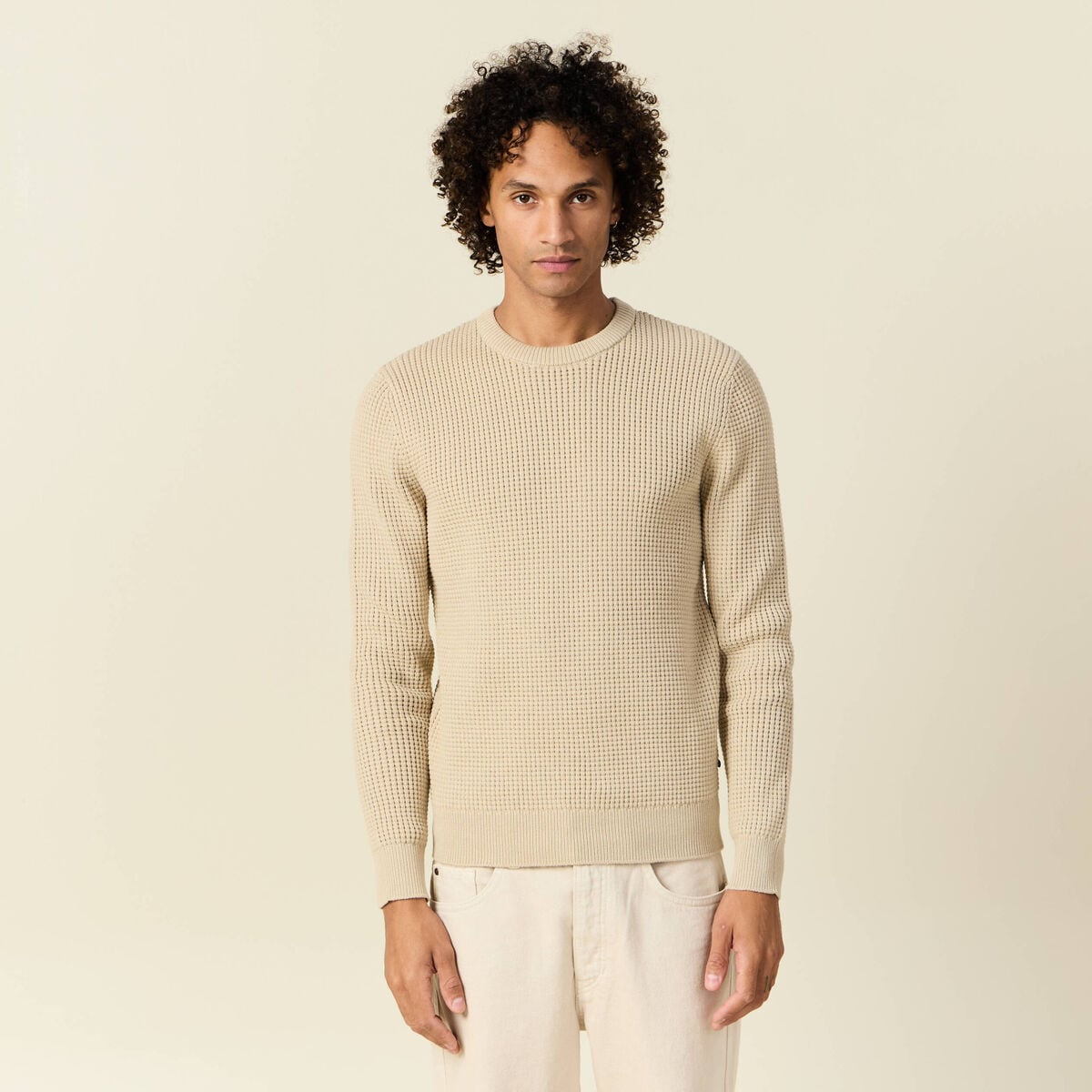 Pull manches longues col rond sable homme
