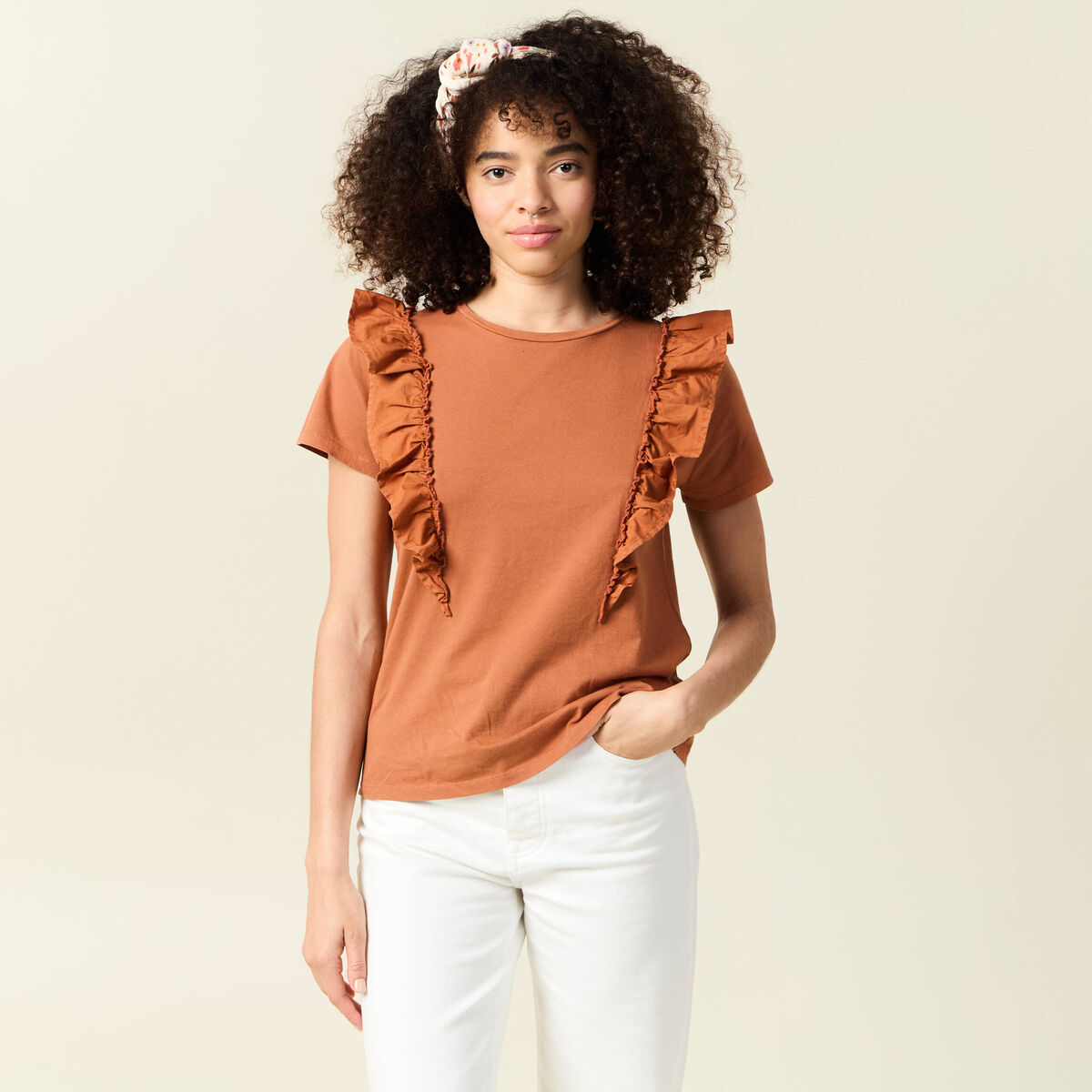 T-shirt en coton manches courtes marron cognac femme