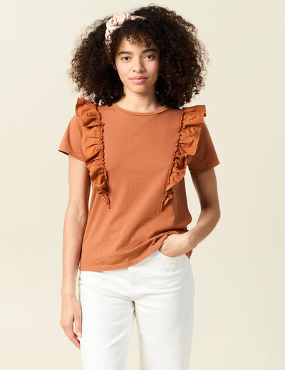 T-shirt en coton manches courtes marron cognac femme