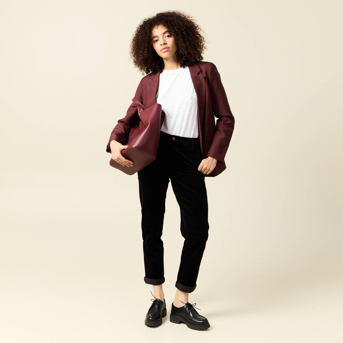 Pantalon large 7/8&egrave;me taille haute noir femme