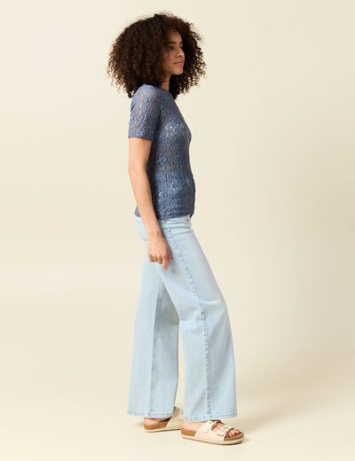 T-shirt cintr&eacute; col rond dentelle bleu gris femme