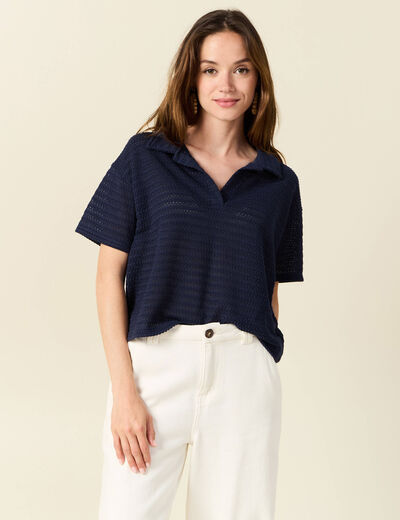T-shirt manches courtes ajouré bleu marine femme