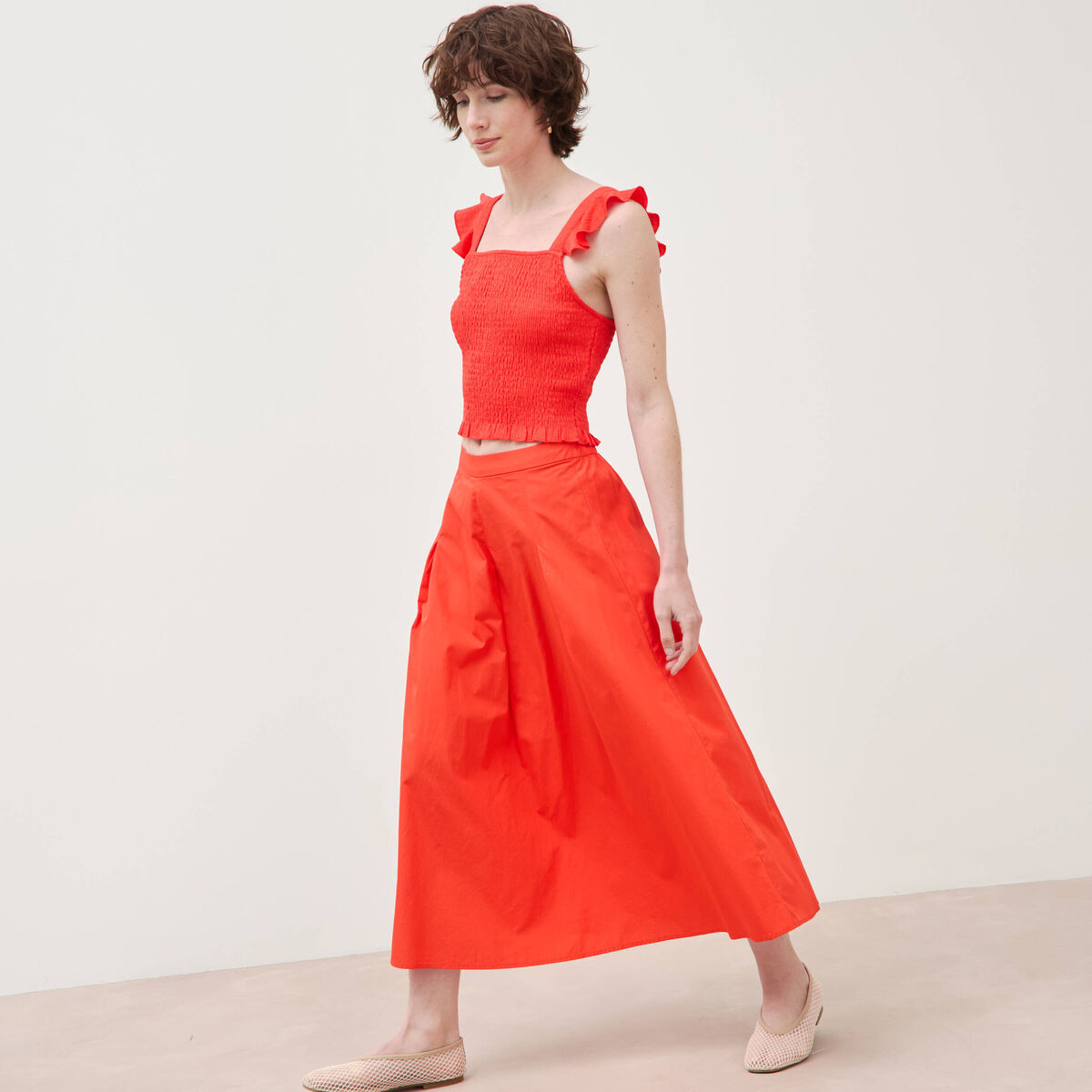 Jupe longue &eacute;vas&eacute;e en coton ray&eacute; orange fonc&eacute; femme
