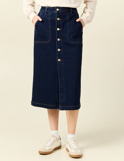 Jupe midi droite en jean denim brut femme