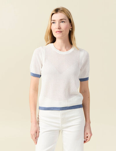 Pull manches courtes ajouré ecru femme