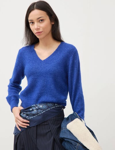 Pull droit col v manches longues bleu electrique femme