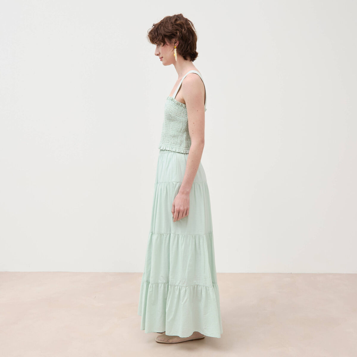 Jupe longue &eacute;vas&eacute;e en coton doubl&eacute;e vert pastel femme