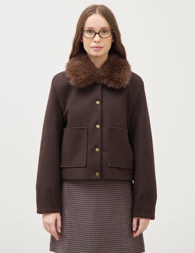 Blouson court oversize col sherpa marron fonc&eacute; femme