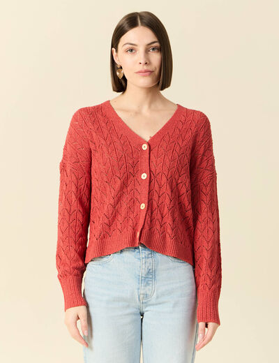 Gilet manches longues ajouré rouge femme
