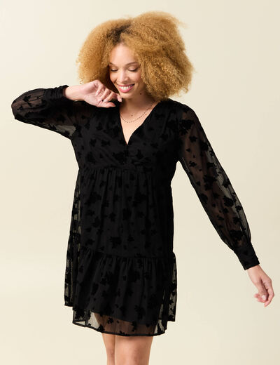 Robe manches longues en voile doubl&eacute;e noir femme