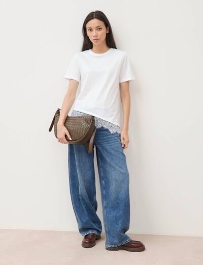 T-shirt droit col rond avec dentelle ecru femme