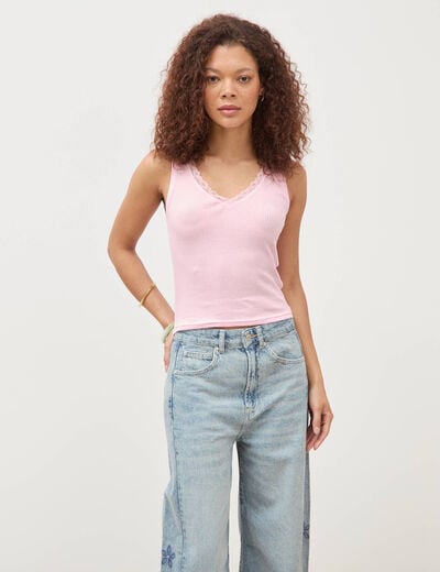 D&eacute;bardeur col v bretelles dentelle rose clair femme
