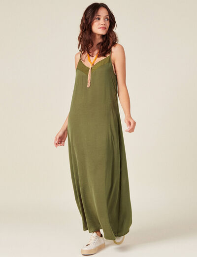 Robe longue droite satin vert kaki femme