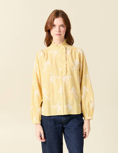 Chemise vichy manches longues en coton jaune femme