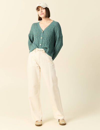 Gilet manches longues ajouré vert foncé femme