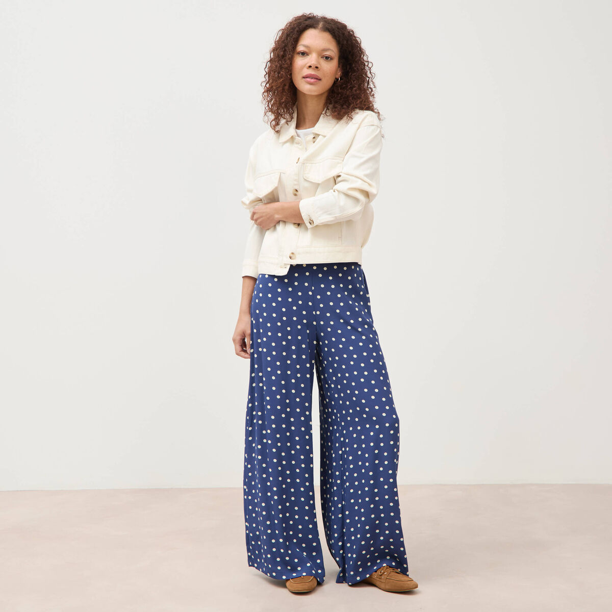 Pantalon large taille haute bleu marine femme
