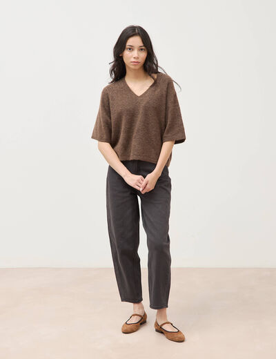 Pull droit court col v manches courtes marron femme