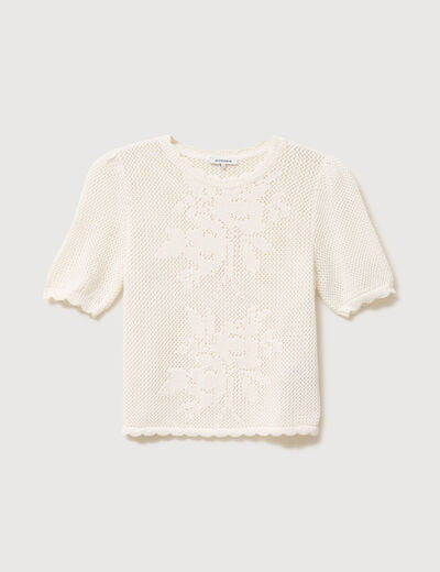 Pull ajour&eacute; droit court manches courtes creme femme