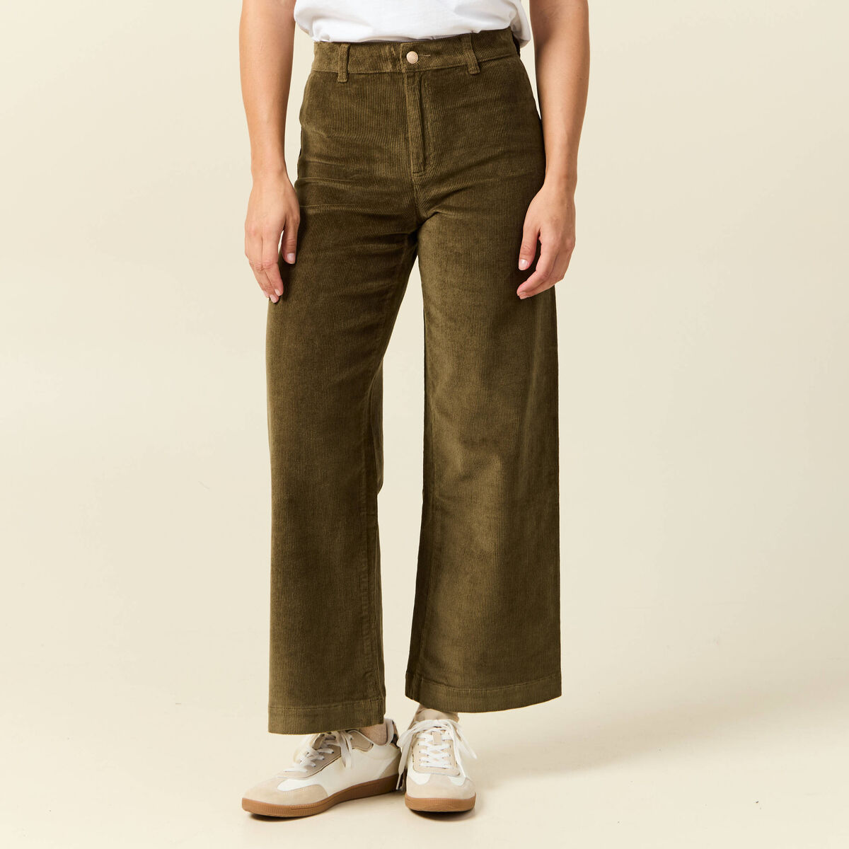 Pantalon large taille haute en velours vert kaki femme