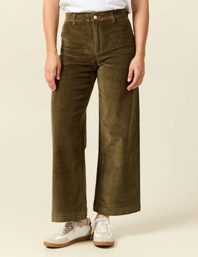 Pantalon large taille haute en velours vert kaki femme