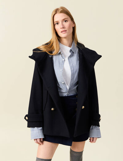 Caban oversize court &agrave; capuche bleu fonc&eacute; femme