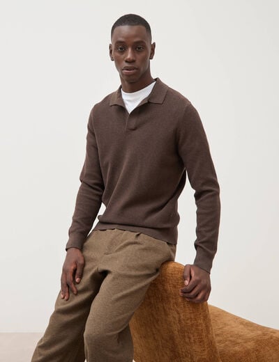 Pull droit col polo manches longues marron homme