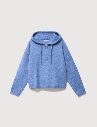 Pull &agrave; capuche zipp&eacute; bleu ciel femme