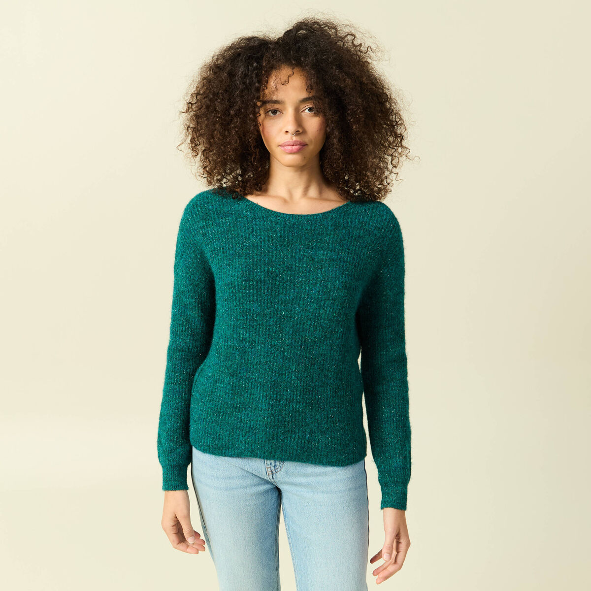 Pull r&eacute;versible manches longues col rond vert femme
