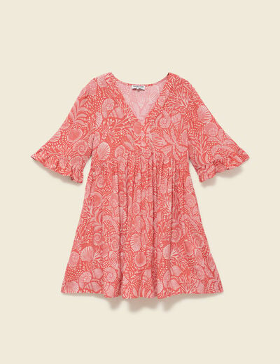 Robe col v manches au coude orange corail femme