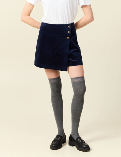 Jupe-short taille haute en velours bleu marine femme