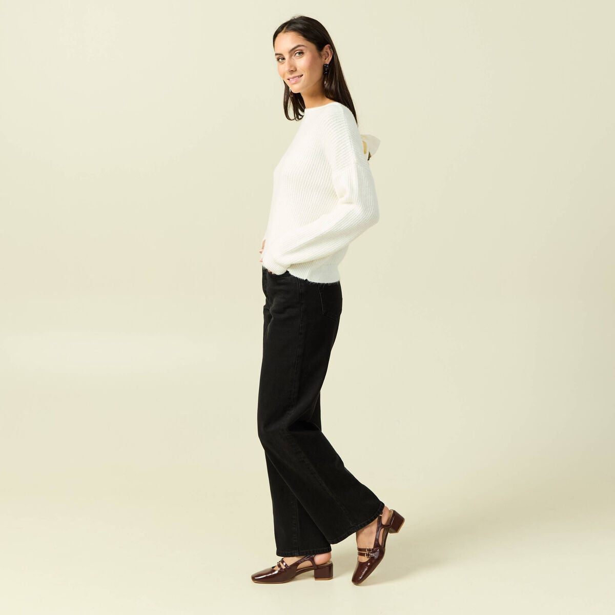 Pull col rond manches longues ecru femme