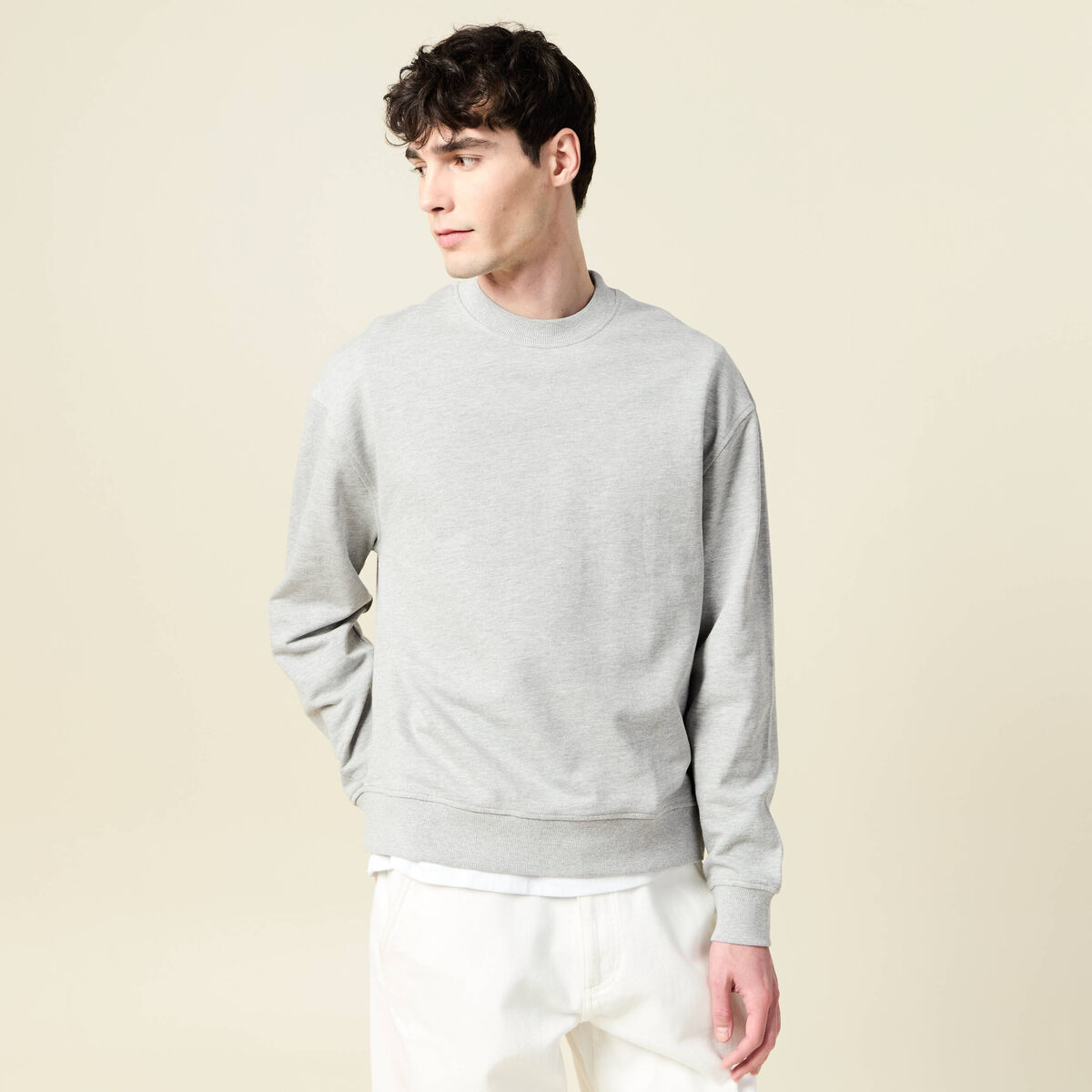 Sweat col rond manches longues en coton gris homme