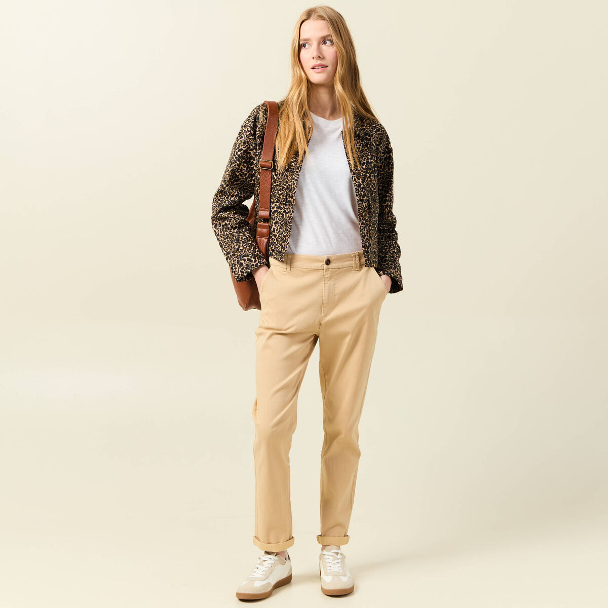 Pantalon chino cigarette beige femme