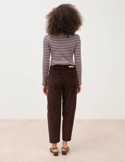 Pantalon taille haute velours resserr&eacute; marron femme