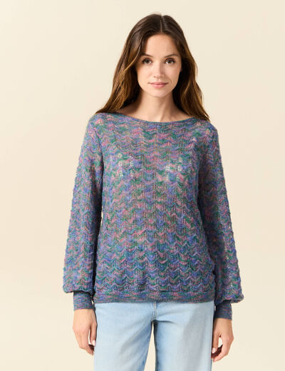 Pull manches longues ajouré bleu gris femme
