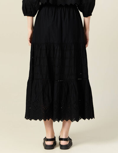 Jupe longue évasée brodée noir femme