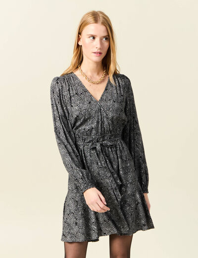 Robe droite courte col v manches longues noir femme