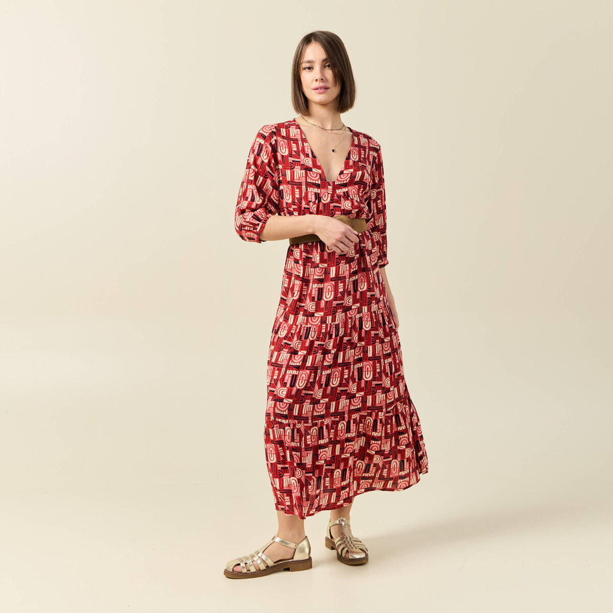 Robe longue droite fluide rouge fonc&eacute; femme