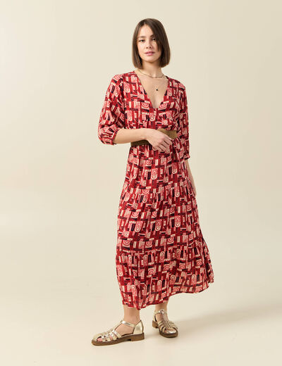 Robe longue droite fluide rouge foncé femme