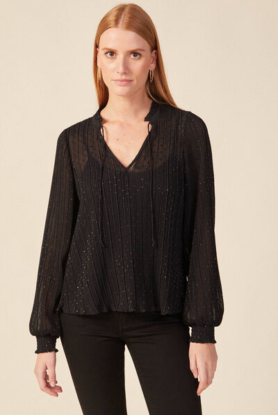 Blouse manches longues plissée noir femme
