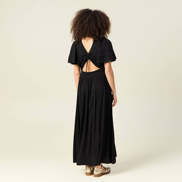 Robe longue évasée fluide noir femme